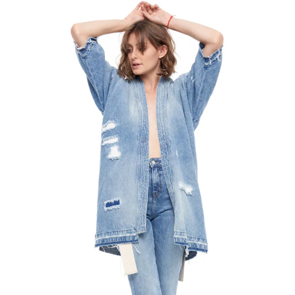 Sandrine Rose Distressed Denim Kimono Jacket Open Front Size S